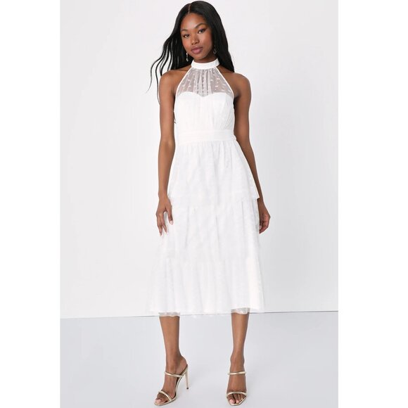 New Lulus Positively Precious White Floral Mesh Tiered Halter Midi Dress P1457 - Picture 1 of 9